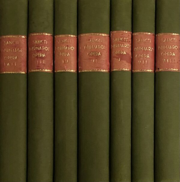 Sancti Bernardi Opera (8-volume set in 7 bindings). Ad fidem codicum recensuerunt J. Leclercq, C.H. Talbot & H.M. Rochais. Volume I: Sermones super Cantica Canticorum 1-15. Volume II: Sermones super Cantica Canticorum 36-86. Volume III: Tractatus et Opuscula. Volume IV: Sermones I. Volume V: Sermones II. Volume VI-1 & VI-2: Sermones III. Volume VII: Epistolae I. Corpus Epistolarum 1-180. Volume VIII: Epistolae I. Corpus Epistolarum 181-310. II: Epistolae Extra Corpus 311-547
